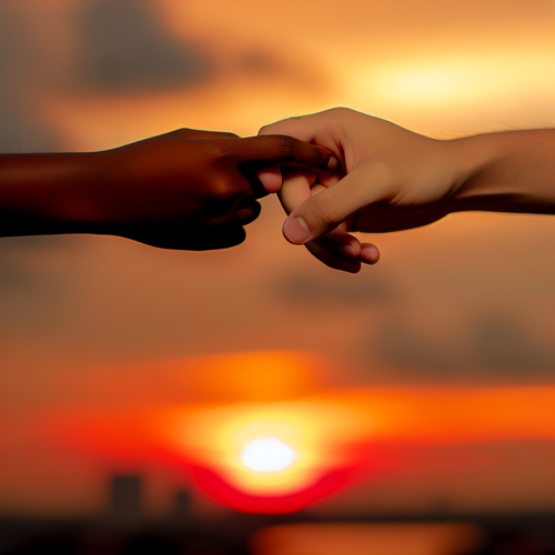 alt_text: Two hands of diverse skin tones connect against a warm sunset, symbolizing unity and connection.