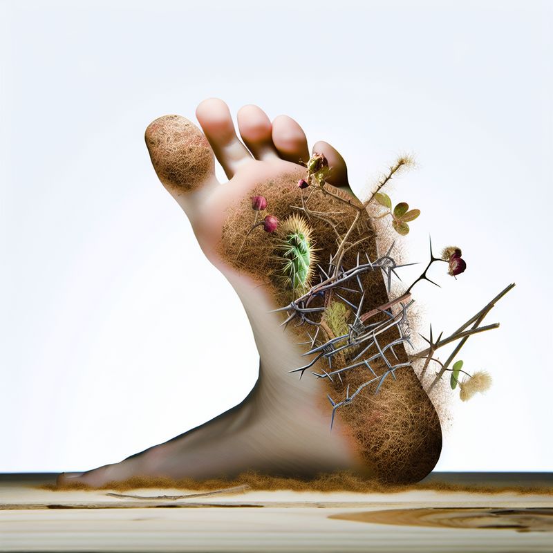 alt_text: A close-up of a foot's heel entwined with thorns and natural elements, symbolizing pain and beauty.